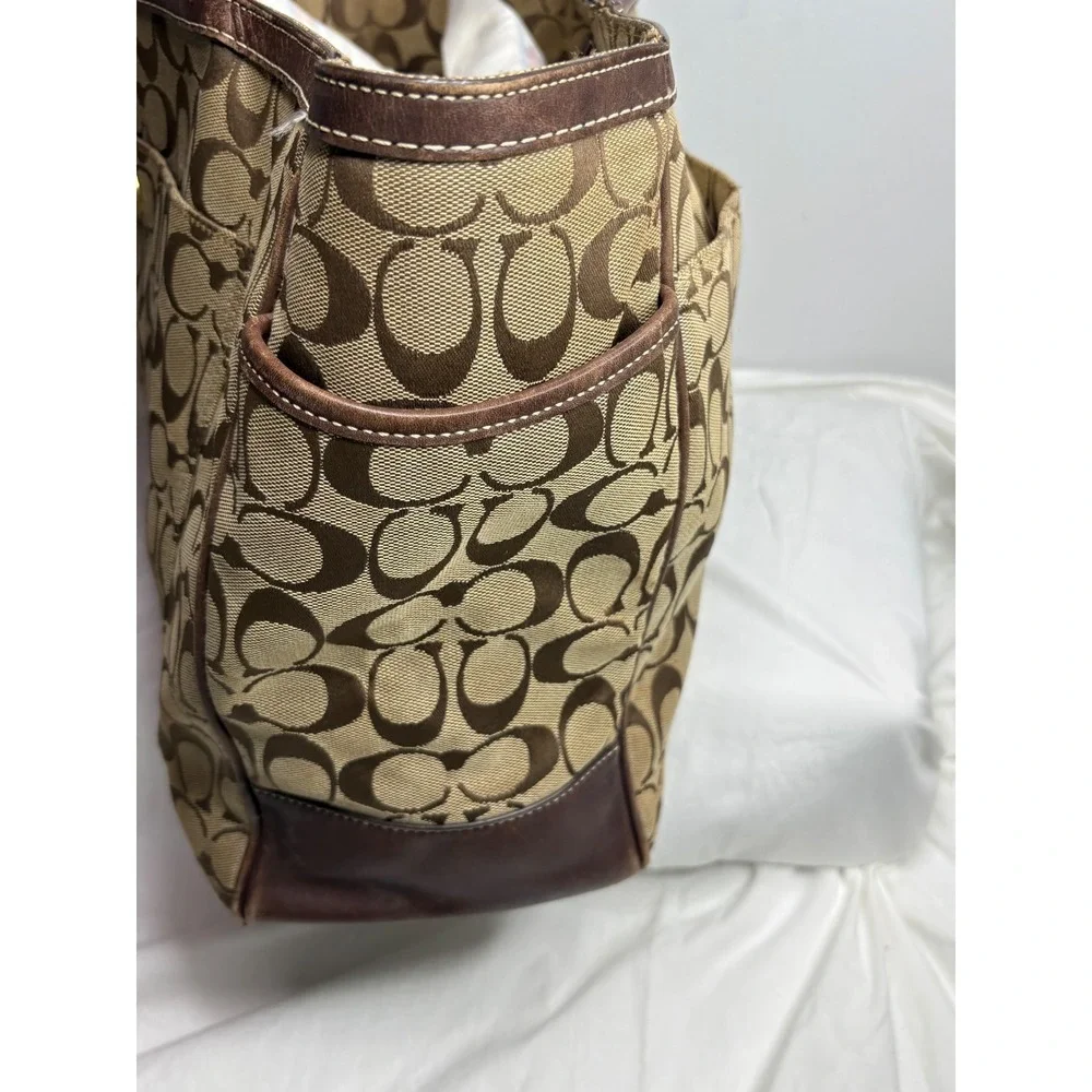Coach Signature C Monogram Tote Bag Brown Leather Trim Gold Hardware - Picture 7 of 13